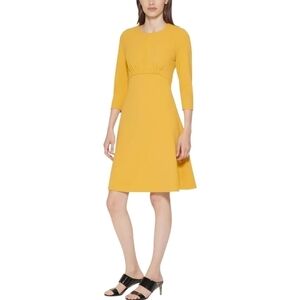 Calvin Klein Elegant A-Line Dress Mustard Midi Cinched Waist         Lg /10